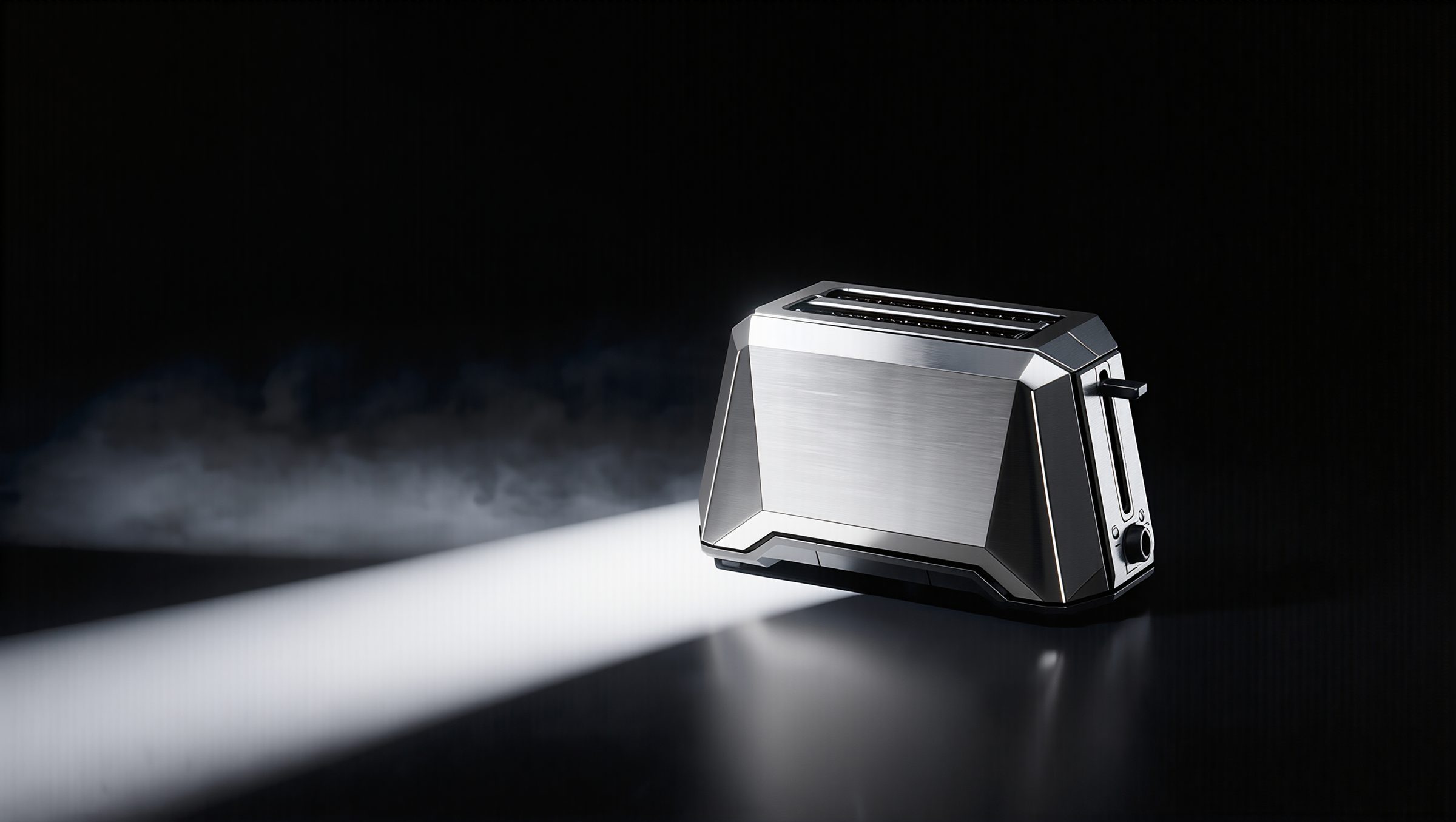 The Toaster from the rear three-quarter view in a single spotlight